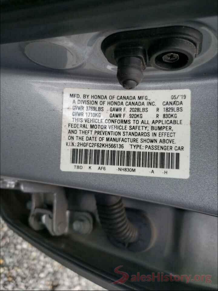 2HGFC2F62KH566136 2019 HONDA CIVIC