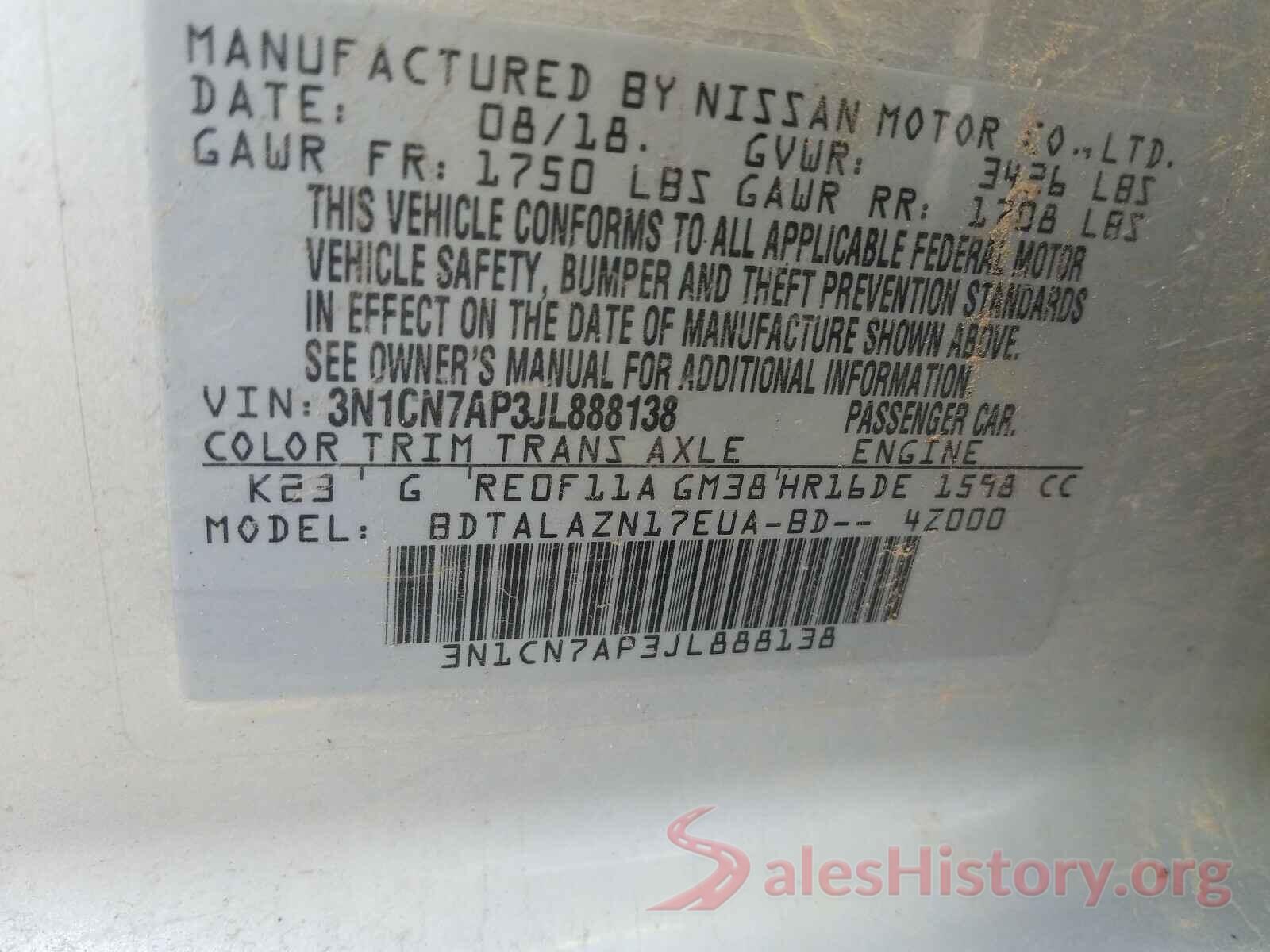 3N1CN7AP3JL888138 2018 NISSAN VERSA