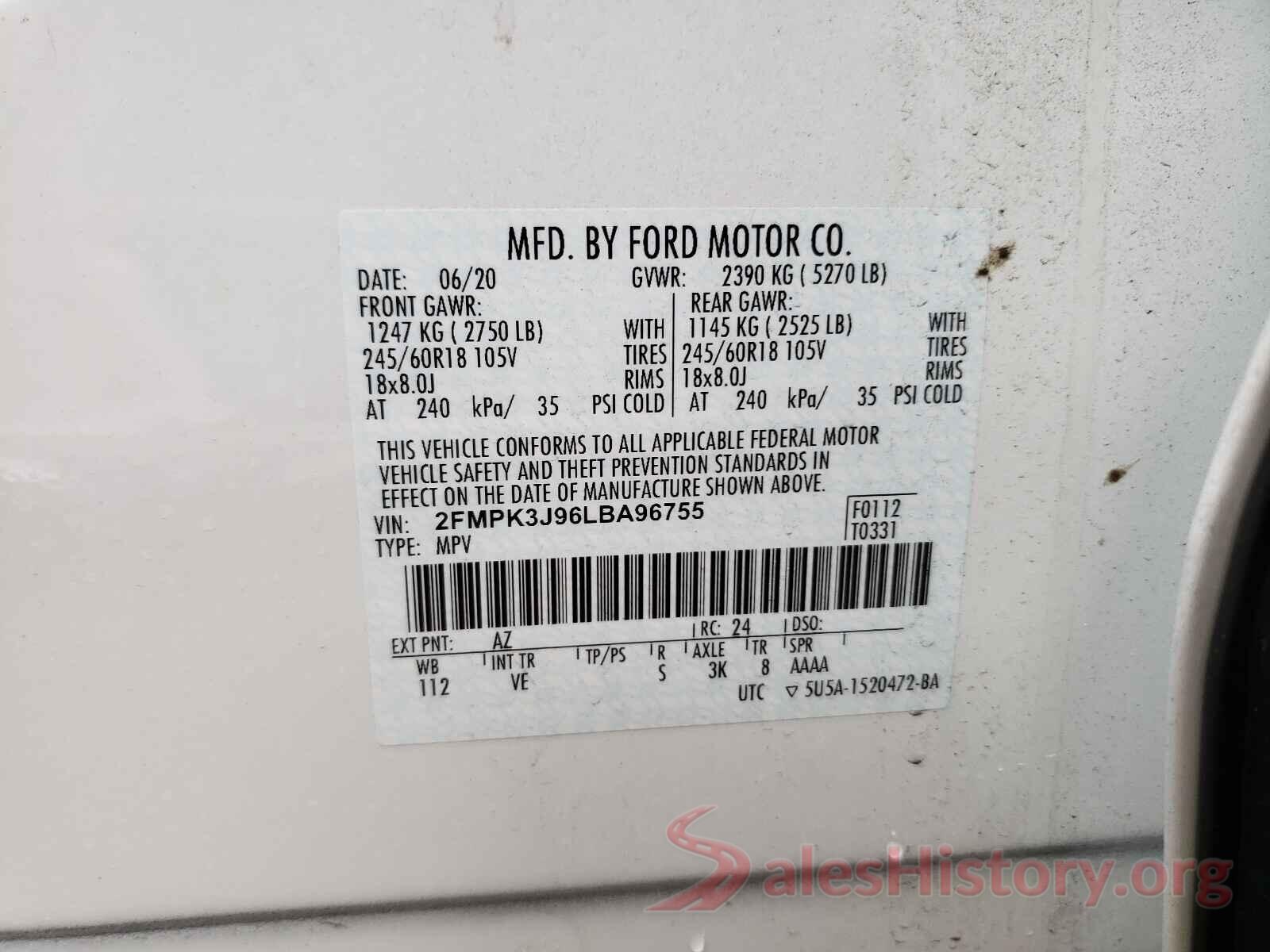 2FMPK3J96LBA96755 2020 FORD EDGE