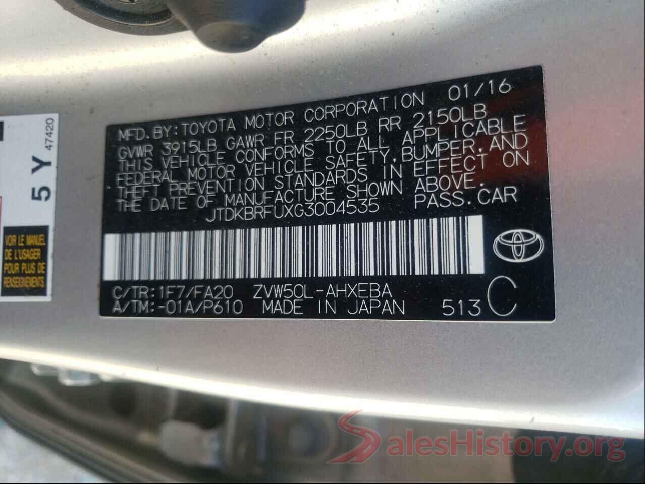 JTDKBRFUXG3004535 2016 TOYOTA PRIUS