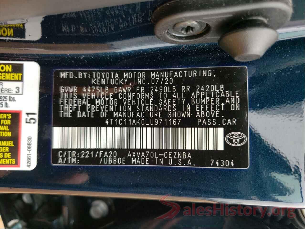 4T1C11AK0LU971167 2020 TOYOTA CAMRY