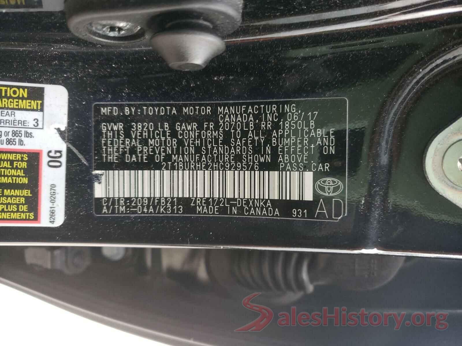 2T1BURHE2HC929576 2017 TOYOTA COROLLA