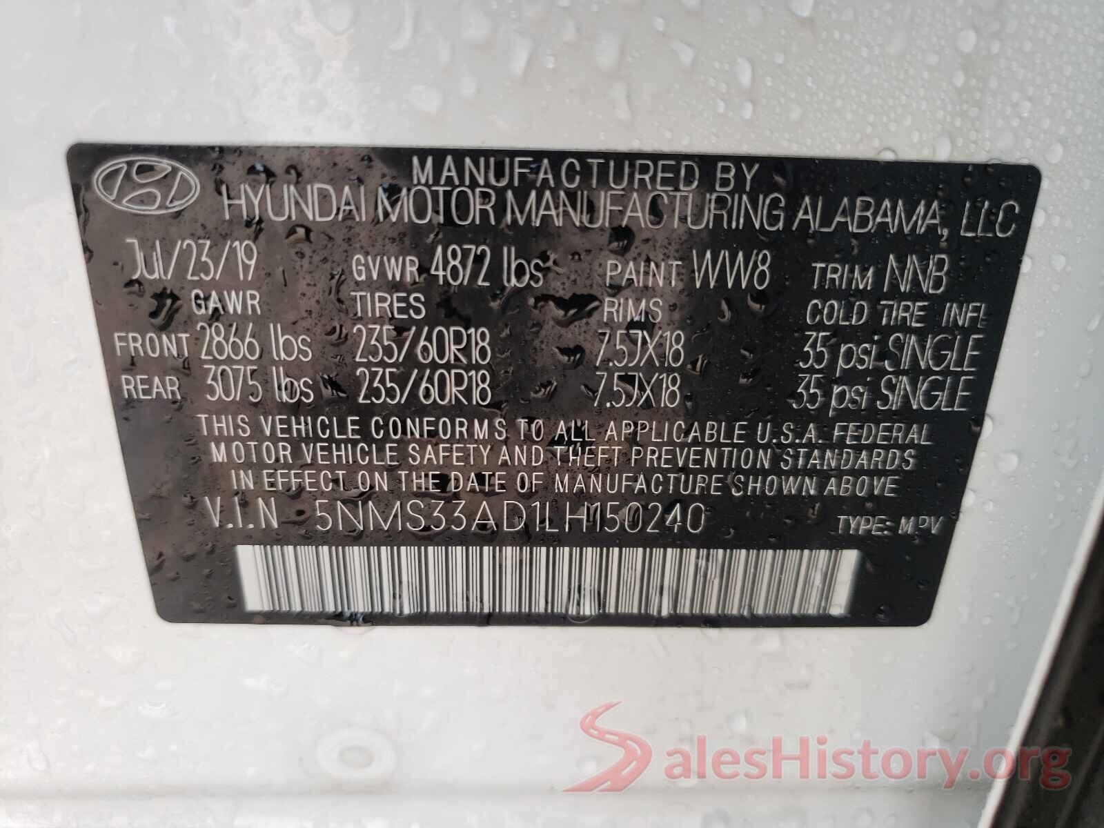 5NMS33AD1LH150240 2020 HYUNDAI SANTA FE