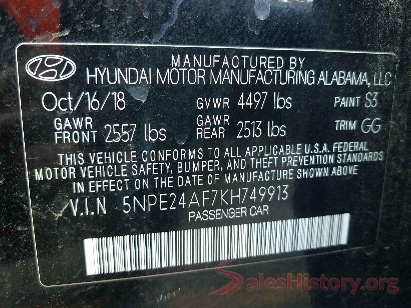 5NPE24AF7KH749913 2019 HYUNDAI SONATA