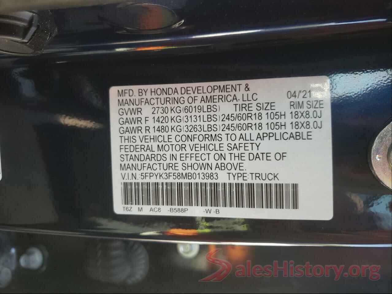 5FPYK3F58MB013983 2021 HONDA RIDGELINE