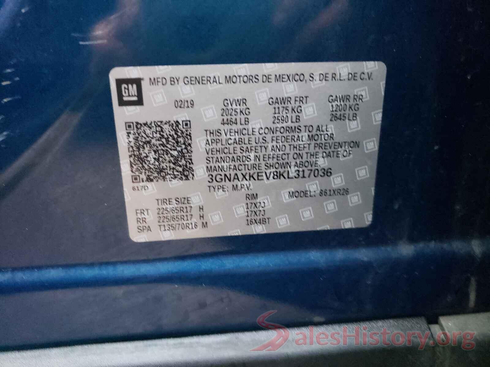 3GNAXKEV8KL317036 2019 CHEVROLET EQUINOX