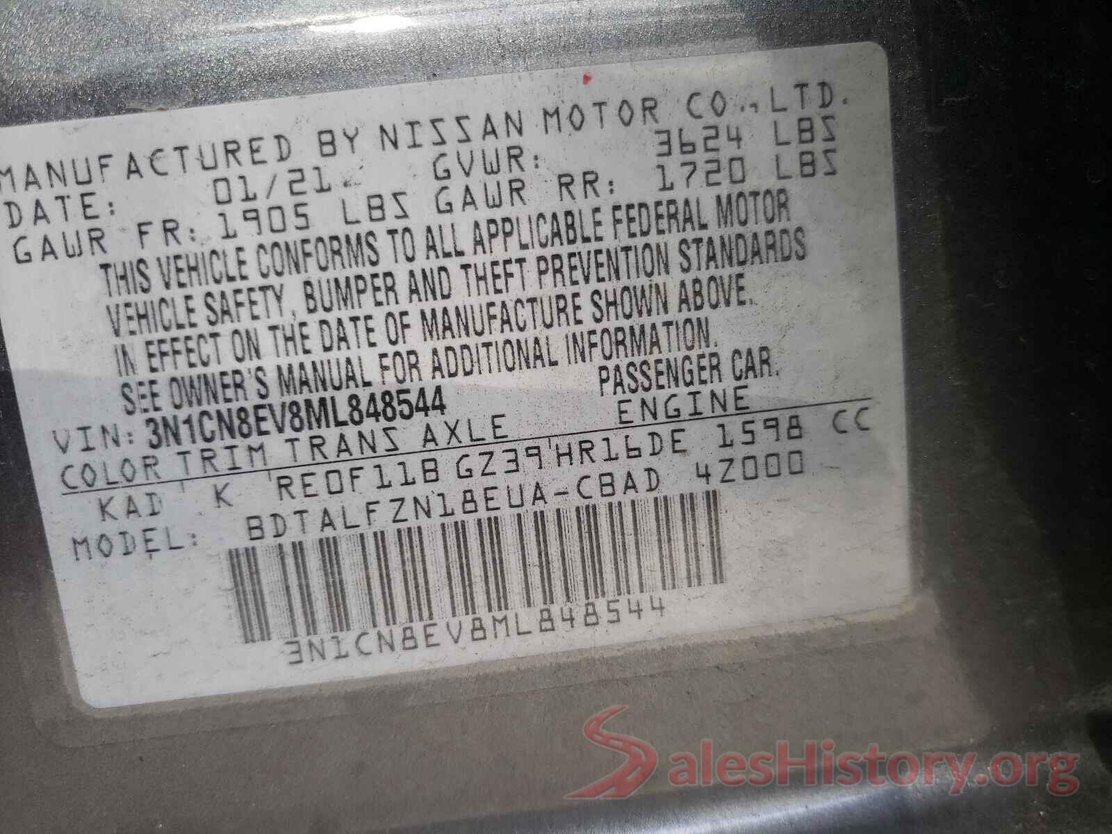 3N1CN8EV8ML848544 2021 NISSAN VERSA