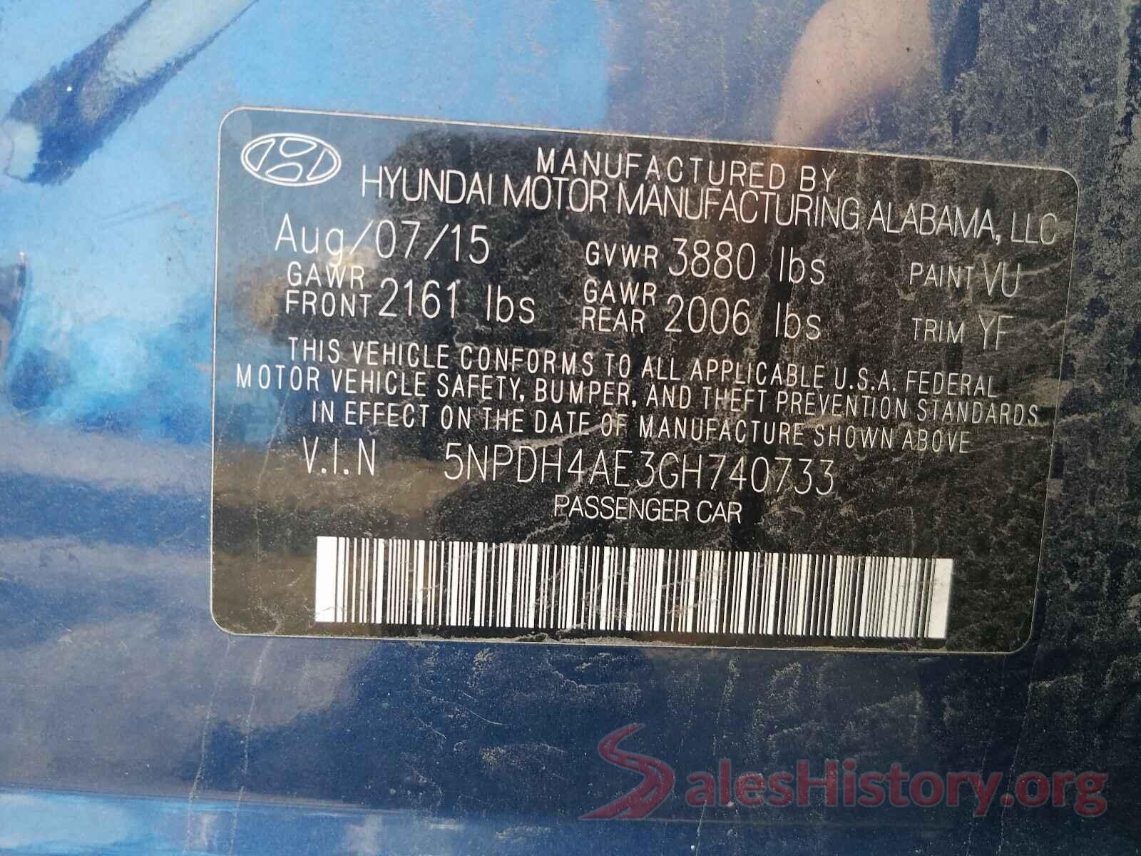 5NPDH4AE3GH740733 2016 HYUNDAI ELANTRA