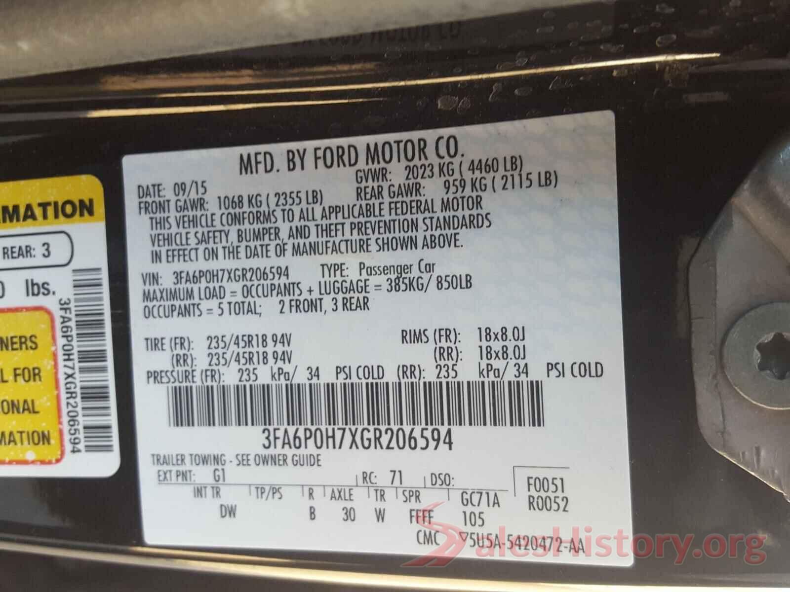 3FA6P0H7XGR206594 2016 FORD FUSION