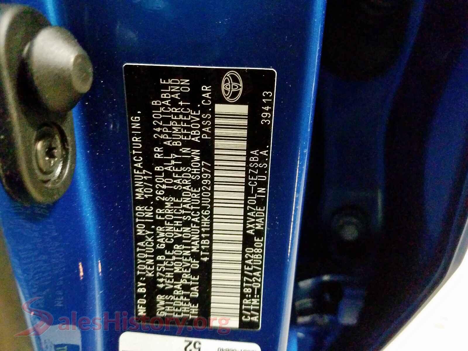 2018 TOYOTA CAMRY VIN 4T1B11HK6JU029977, odometer mileage