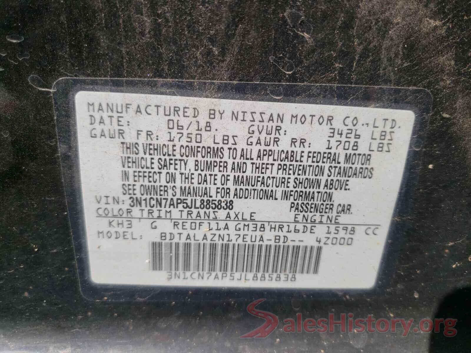 3N1CN7AP5JL885838 2018 NISSAN VERSA