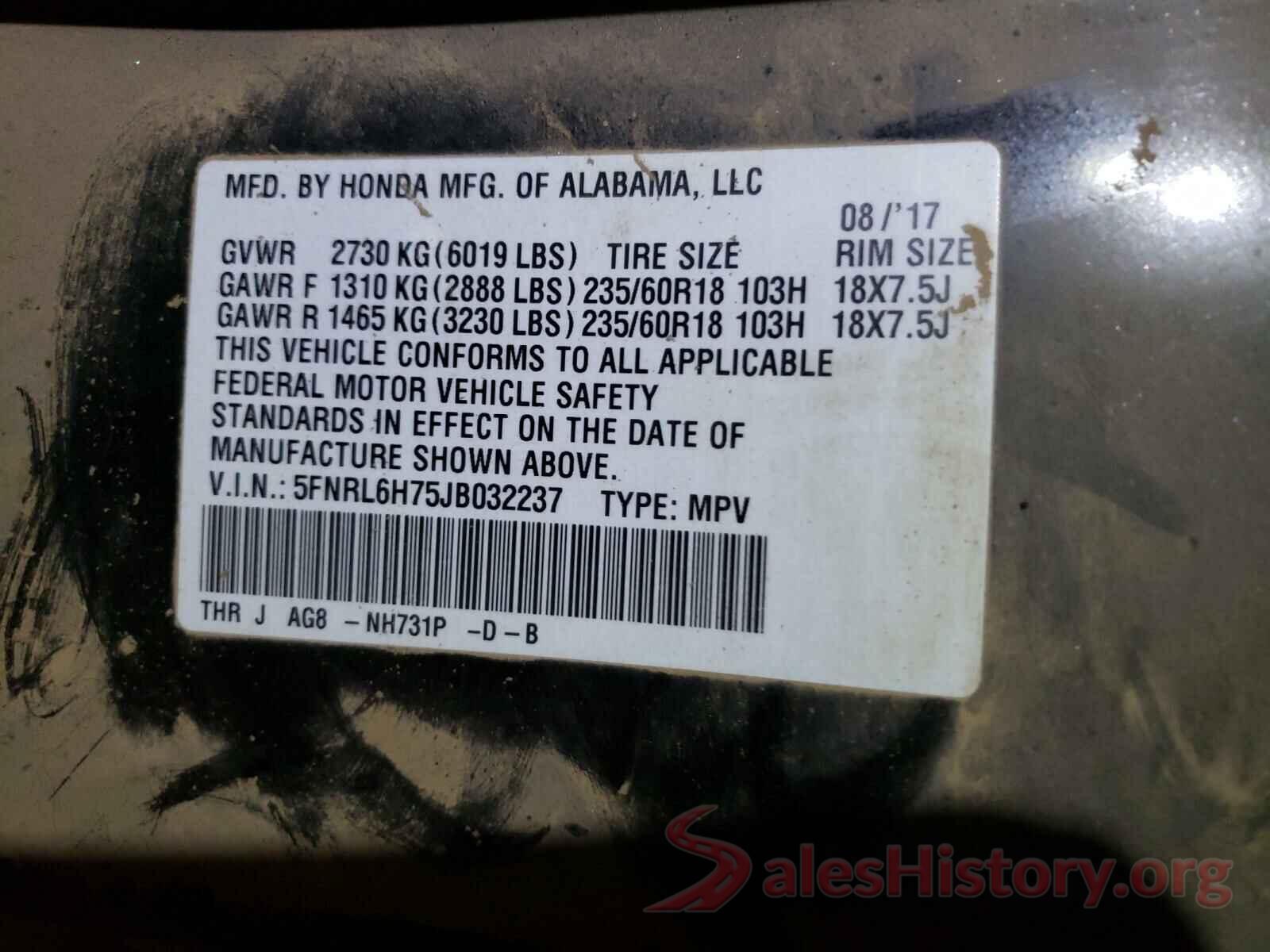 5FNRL6H75JB032237 2018 HONDA ODYSSEY