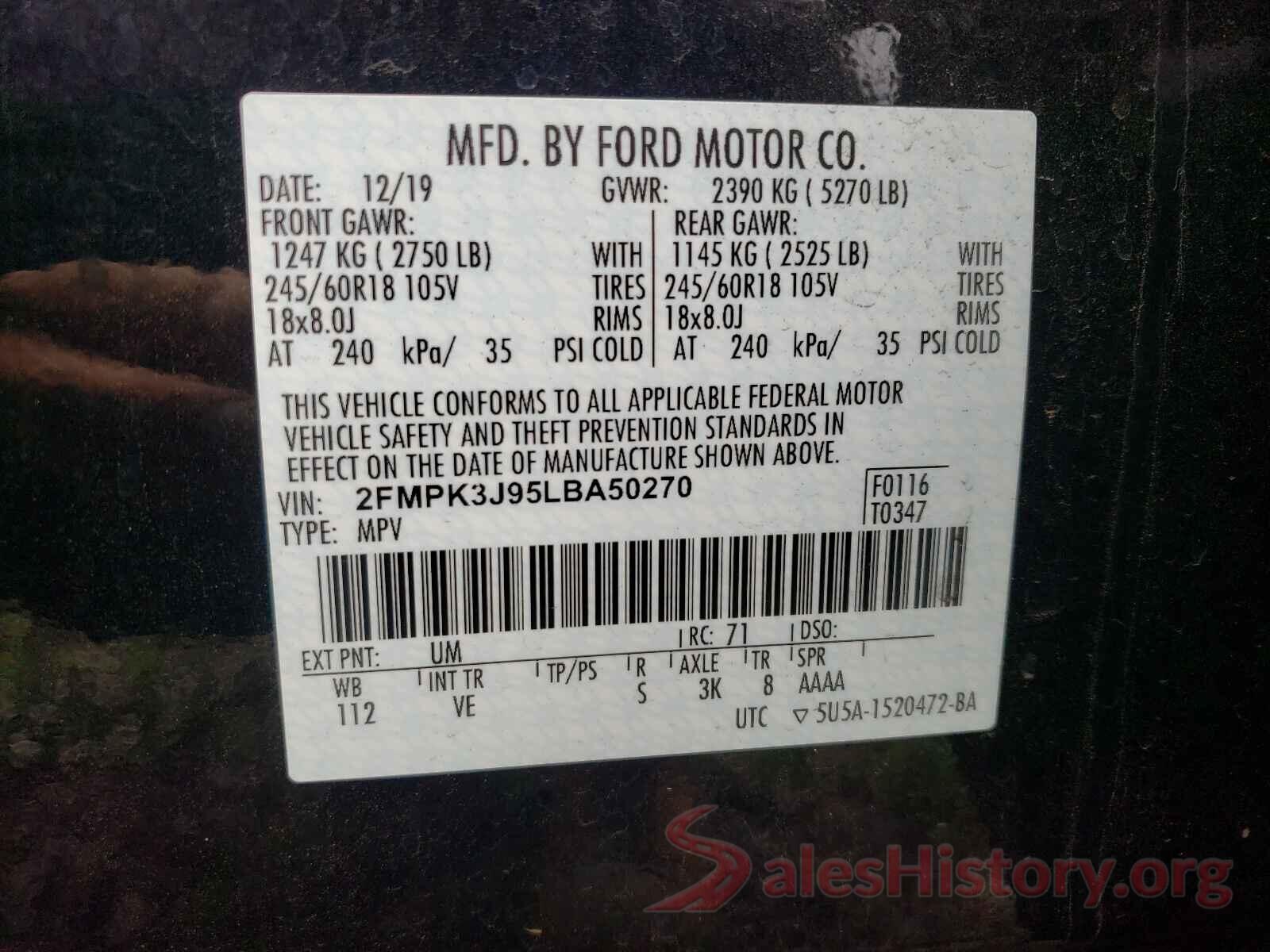 2FMPK3J95LBA50270 2020 FORD EDGE