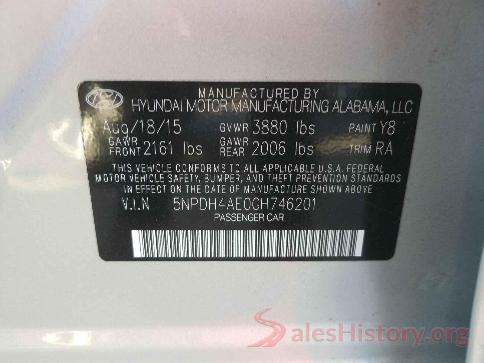 5NPDH4AE0GH746201 2016 HYUNDAI ELANTRA