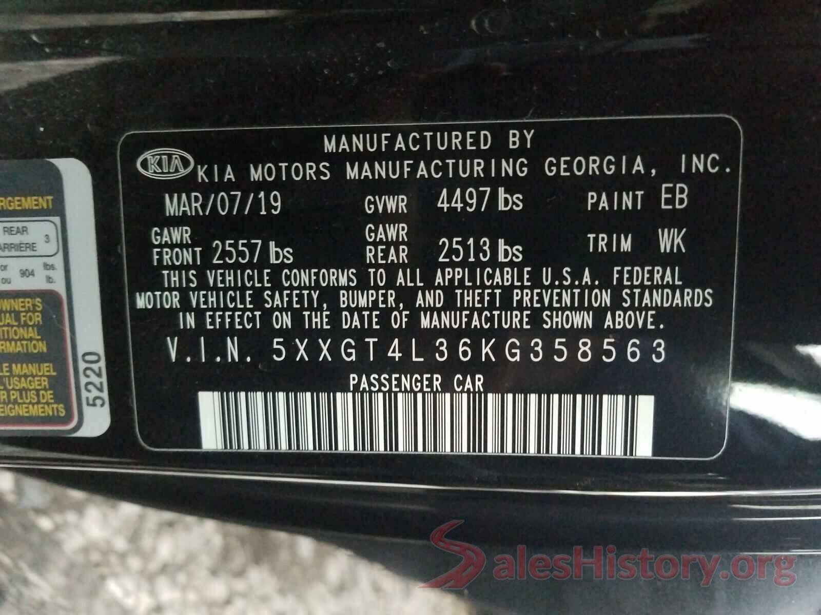 5XXGT4L36KG358563 2019 KIA OPTIMA