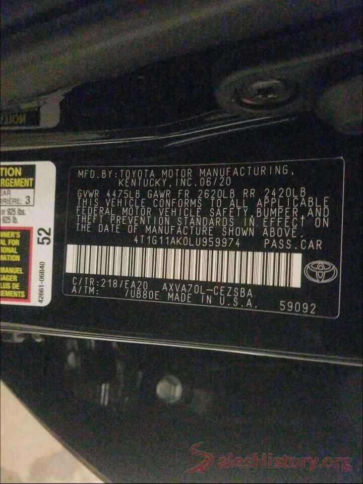 4T1G11AK0LU959974 2020 TOYOTA CAMRY