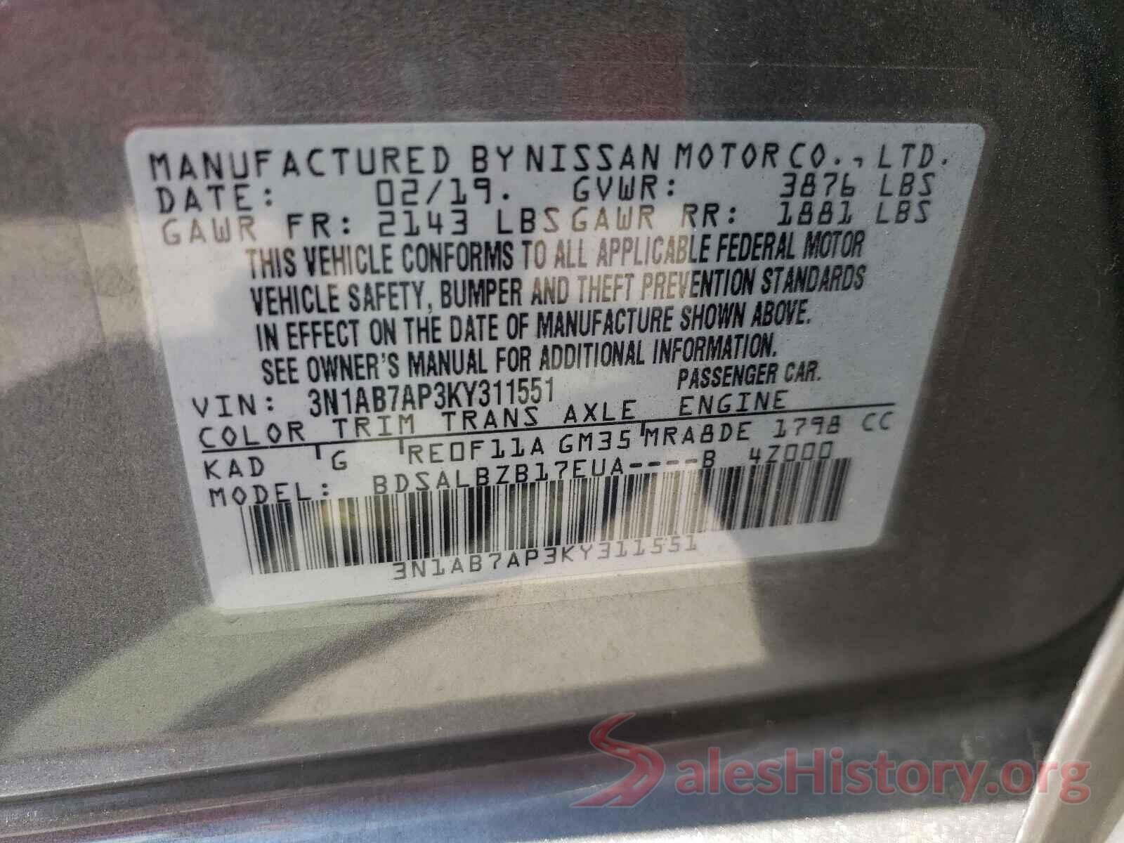 3N1AB7AP3KY311551 2019 NISSAN SENTRA