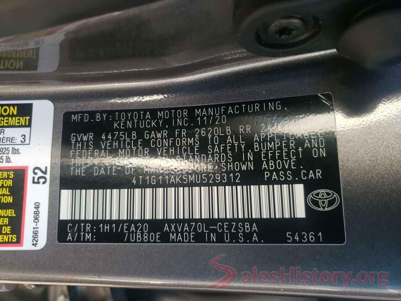 4T1G11AK5MU529312 2021 TOYOTA CAMRY