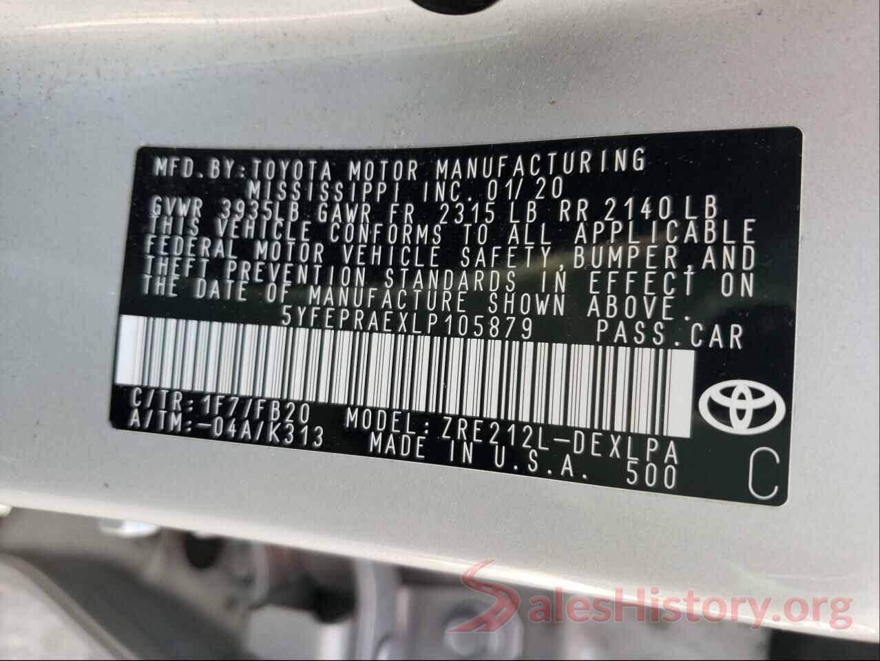 5YFEPRAEXLP105879 2020 TOYOTA COROLLA