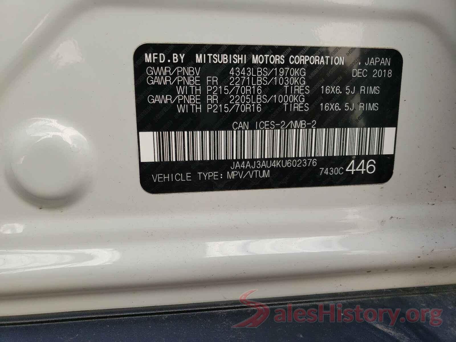 JA4AJ3AU4KU602376 2019 MITSUBISHI OUTLANDER