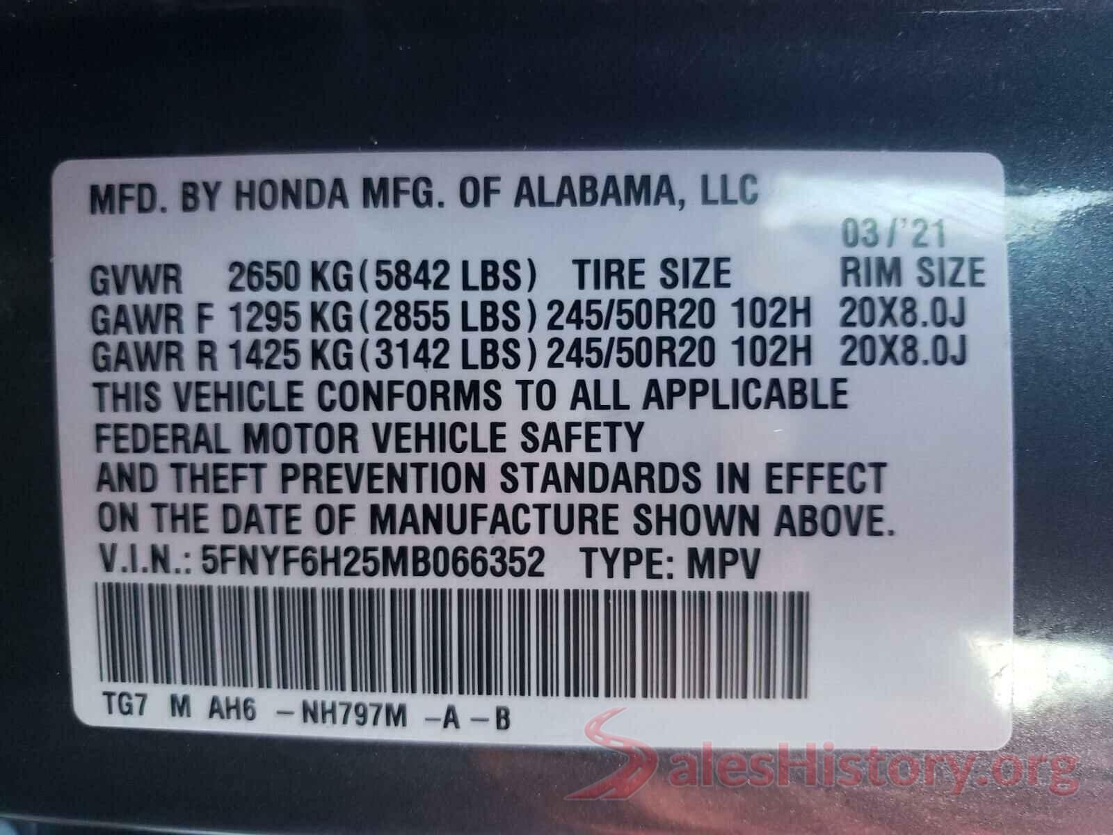 5FNYF6H25MB066352 2021 HONDA PILOT