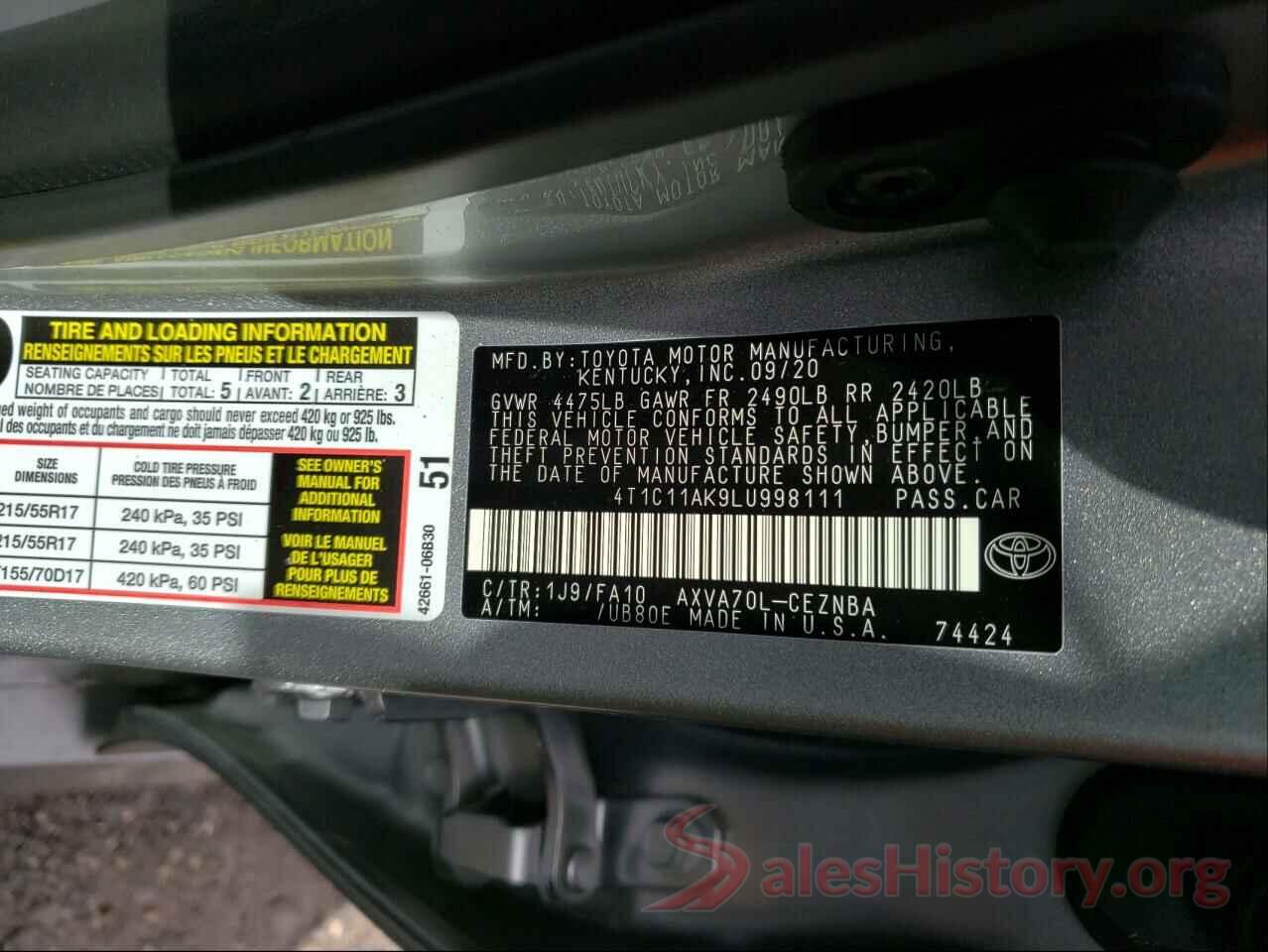 4T1C11AK9LU998111 2020 TOYOTA CAMRY