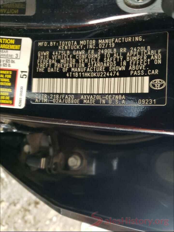 4T1B11HK0KU224474 2019 TOYOTA CAMRY