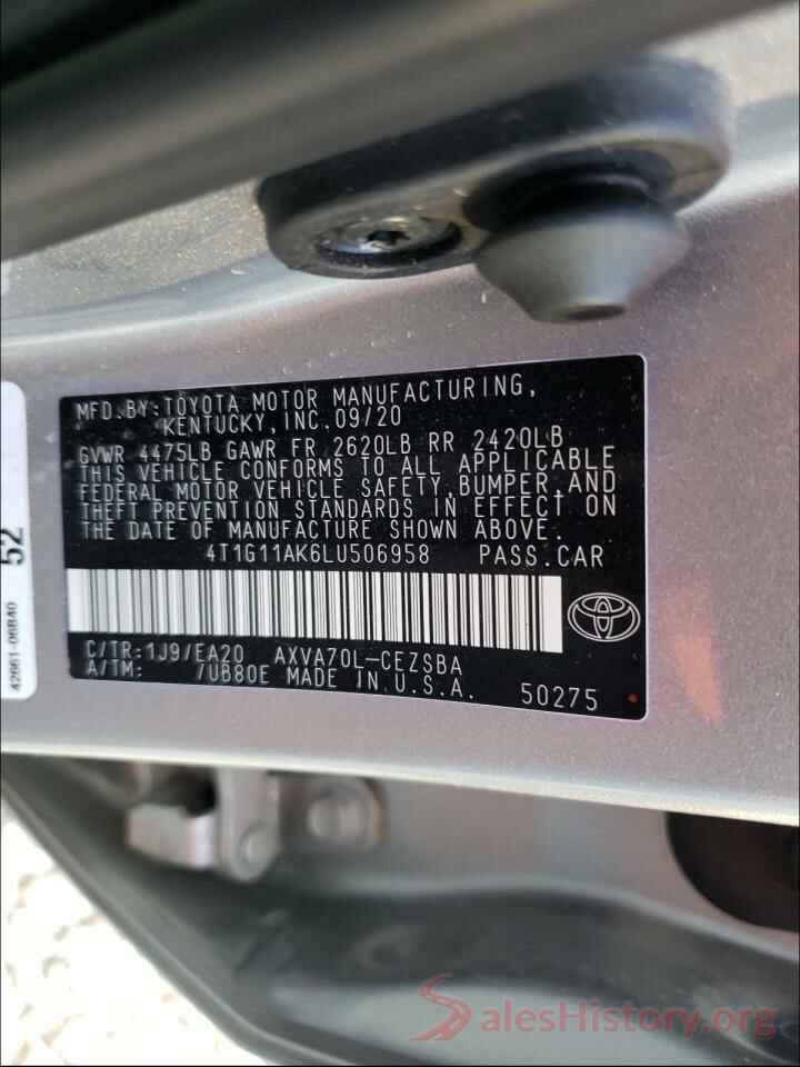 4T1G11AK6LU506958 2020 TOYOTA CAMRY