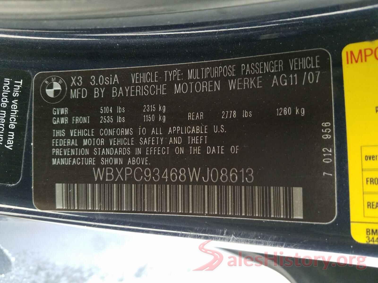 WBXPC93468WJ08613 2008 BMW X3