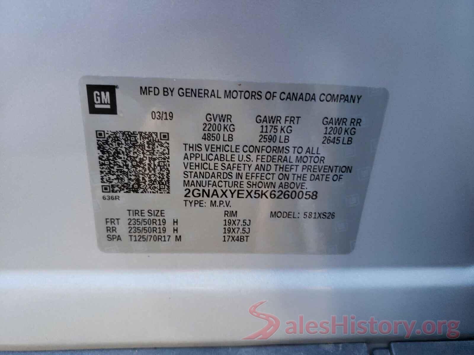 2GNAXYEX5K6260058 2019 CHEVROLET EQUINOX