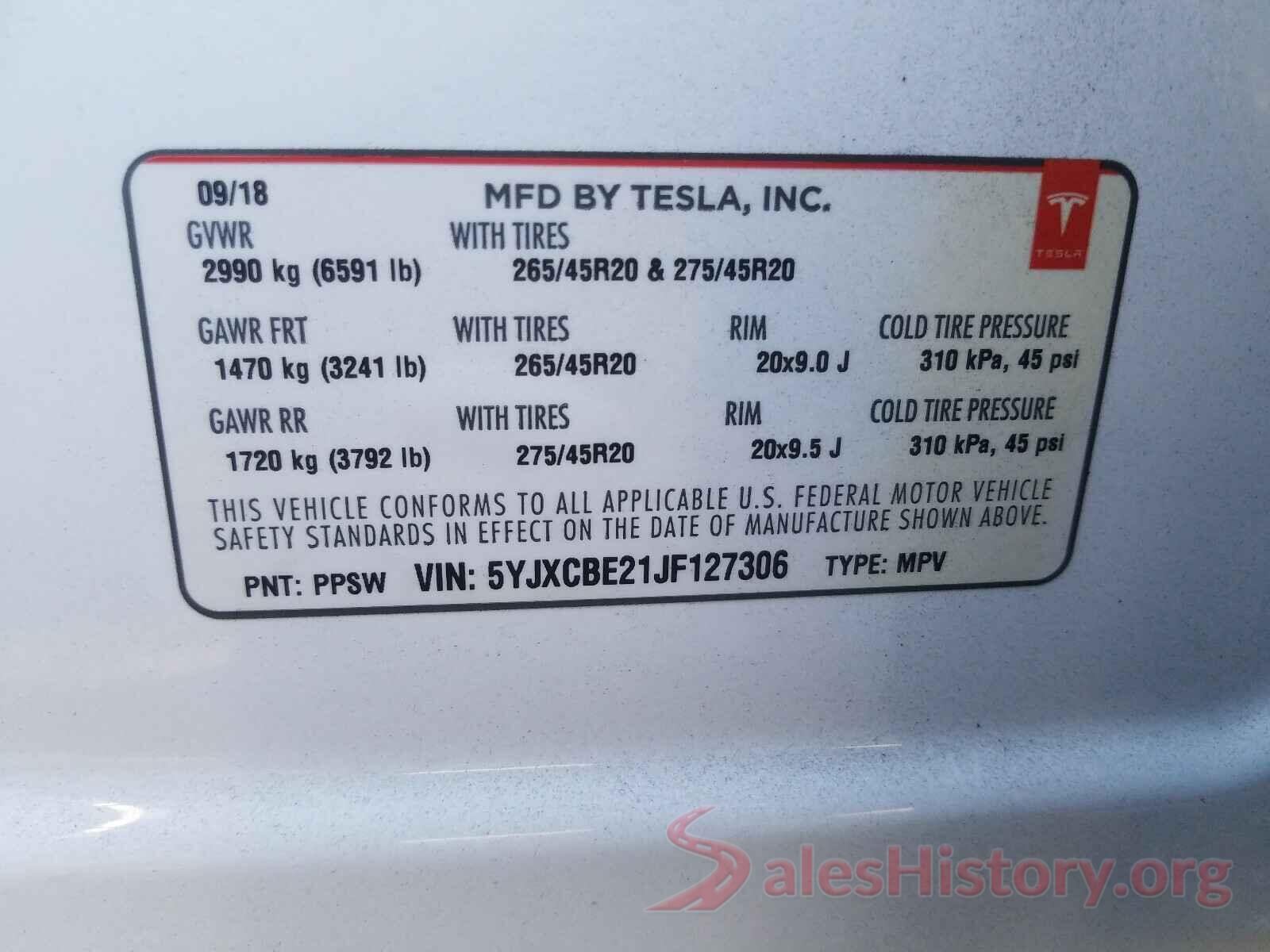 5YJXCBE21JF127306 2018 TESLA MODEL X