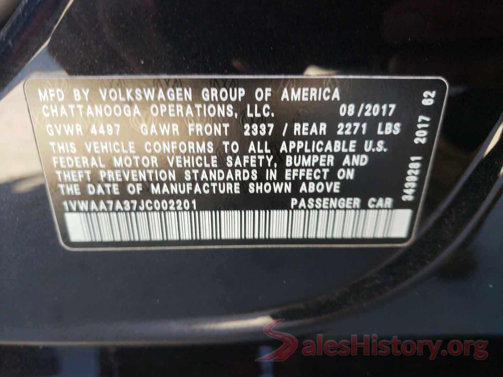 1VWAA7A37JC002201 2018 VOLKSWAGEN PASSAT