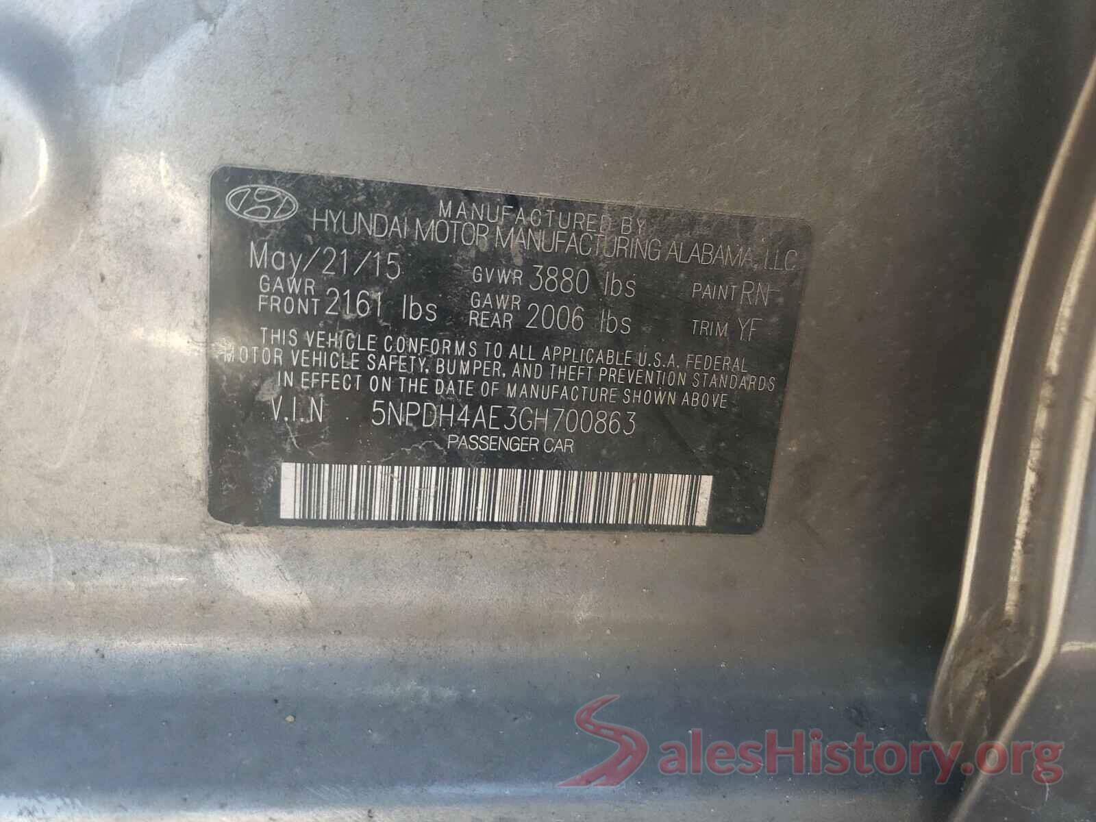 5NPDH4AE3GH700863 2016 HYUNDAI ELANTRA