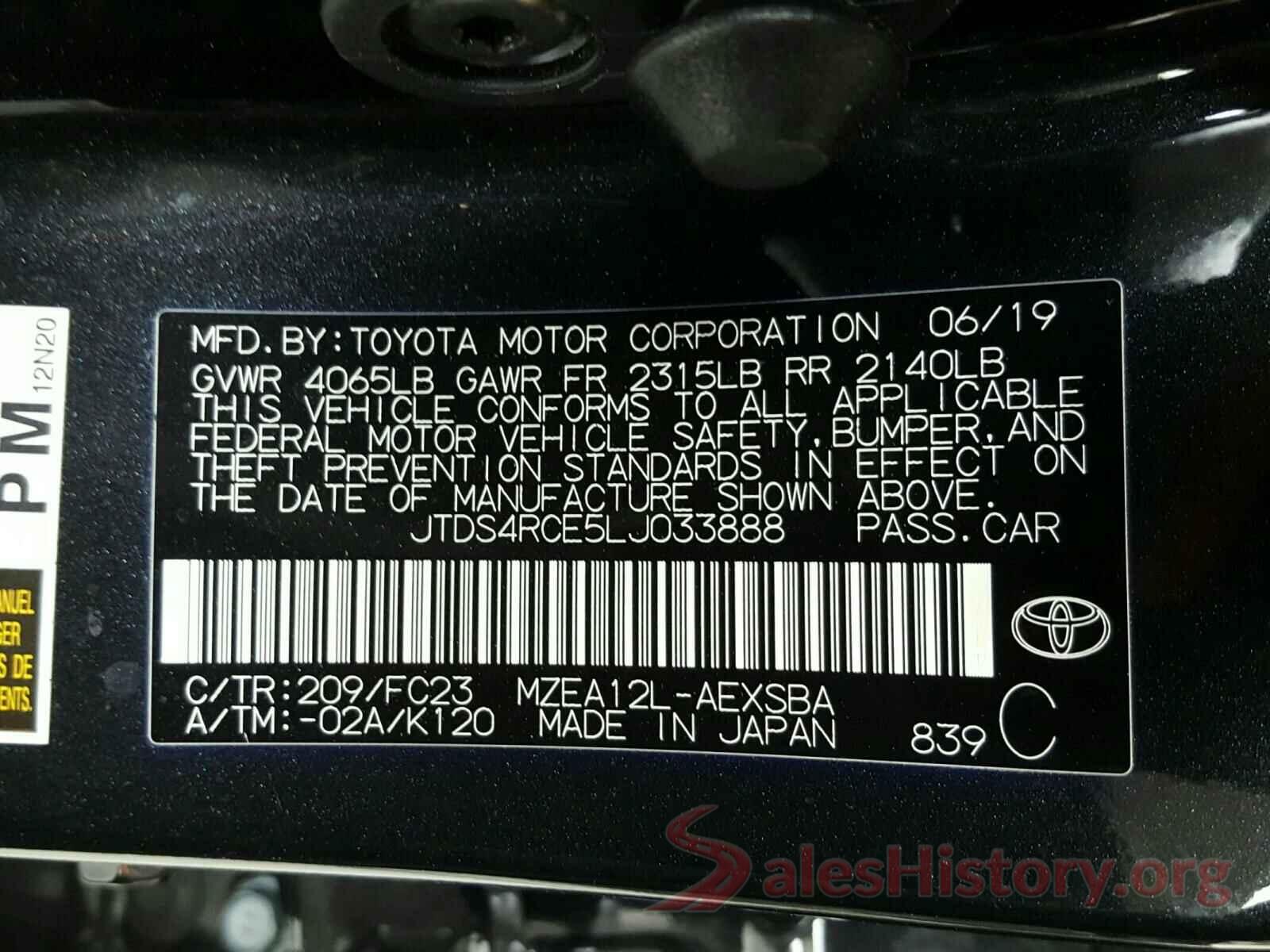 JTDS4RCE5LJ033888 2020 TOYOTA COROLLA