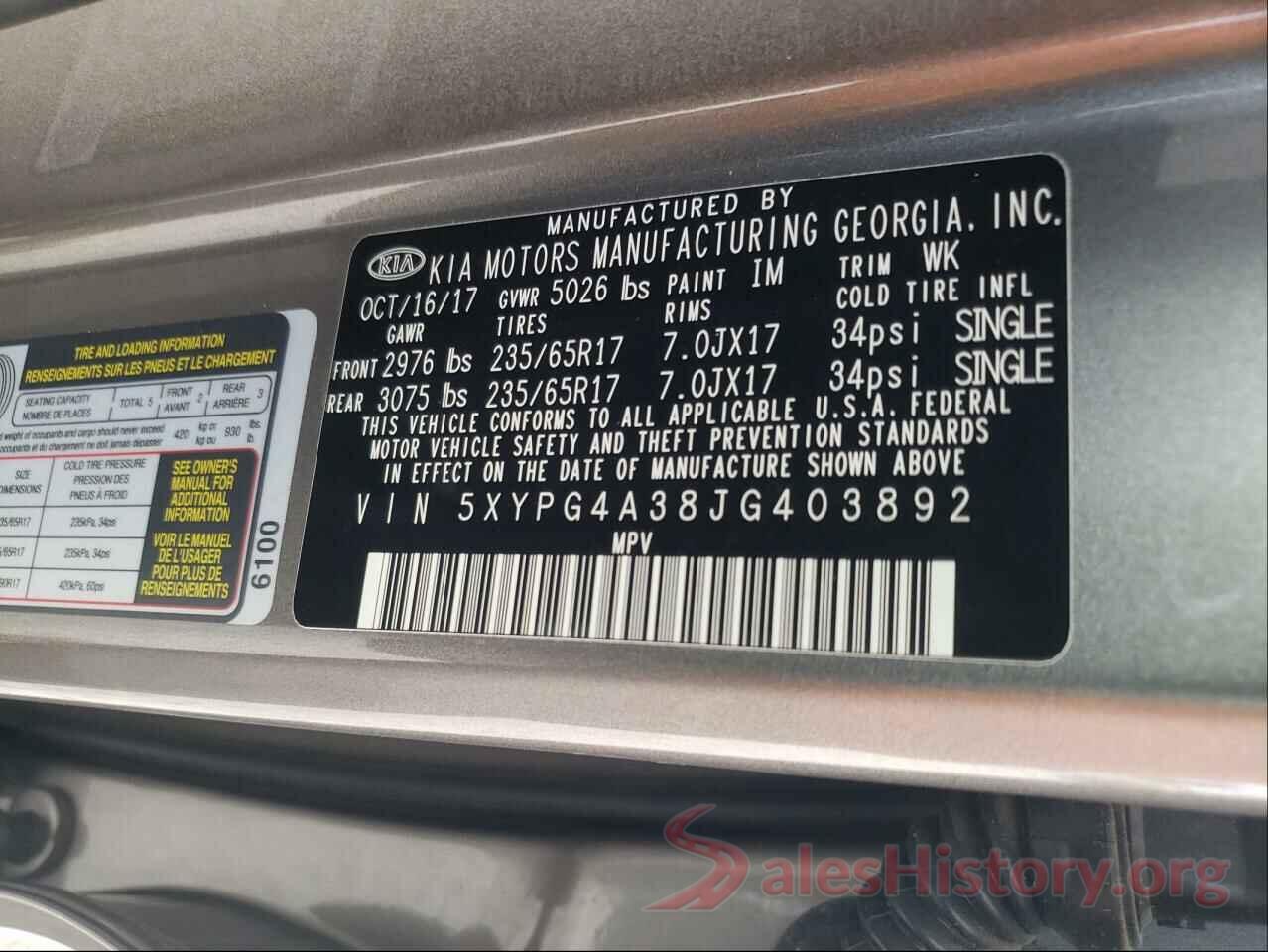 5XYPG4A38JG403892 2018 KIA SORENTO