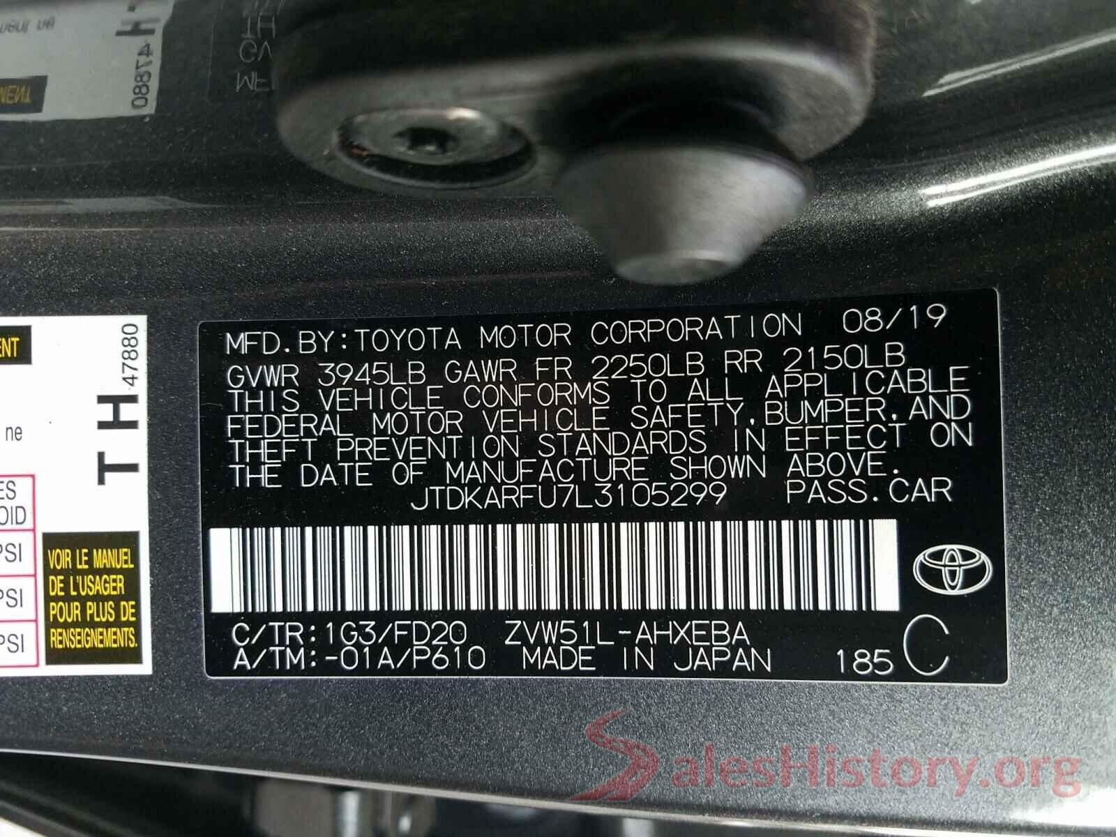 JTDKARFU7L3105299 2020 TOYOTA PRIUS