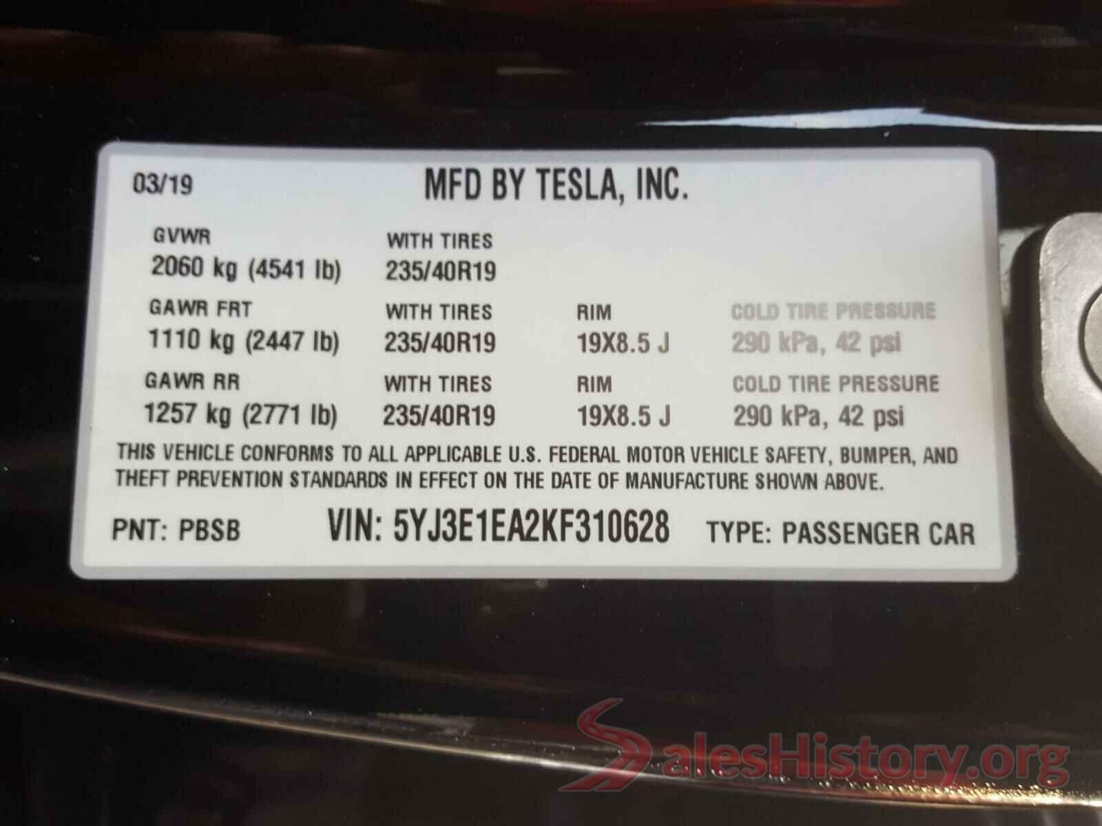 5YJ3E1EA2KF310628 2019 TESLA MODEL 3