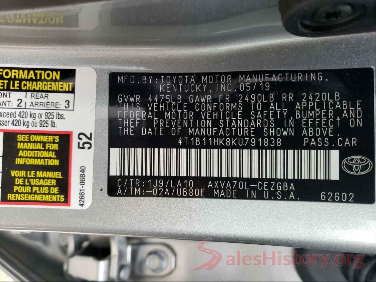 4T1B11HK8KU791838 2019 TOYOTA CAMRY