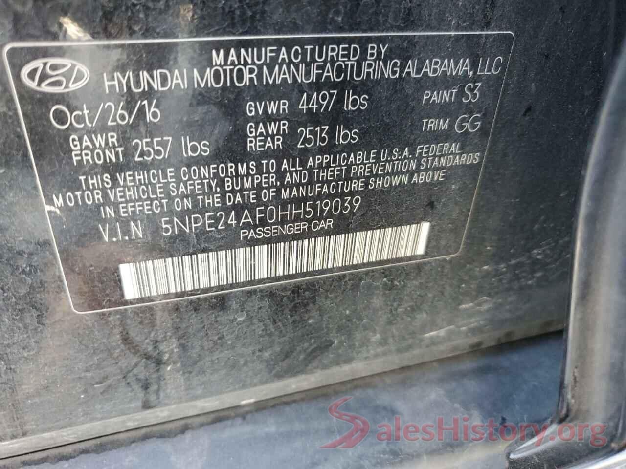 5NPE24AF0HH519039 2017 HYUNDAI SONATA