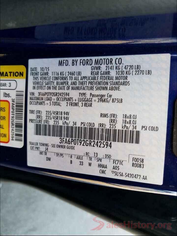 3FA6P0T92GR242594 2016 FORD FUSION