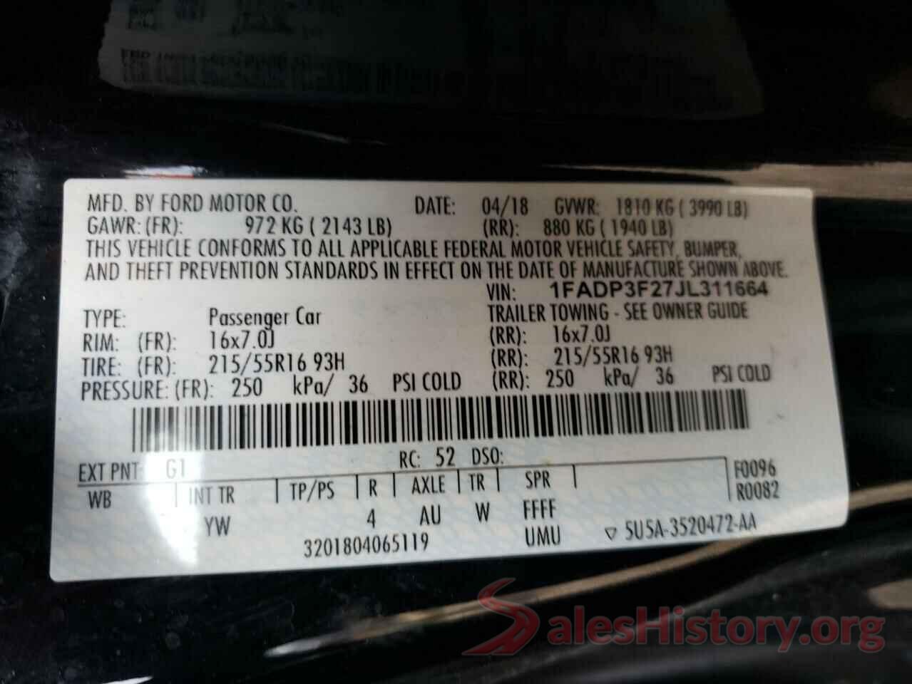 1FADP3F27JL311664 2018 FORD FOCUS