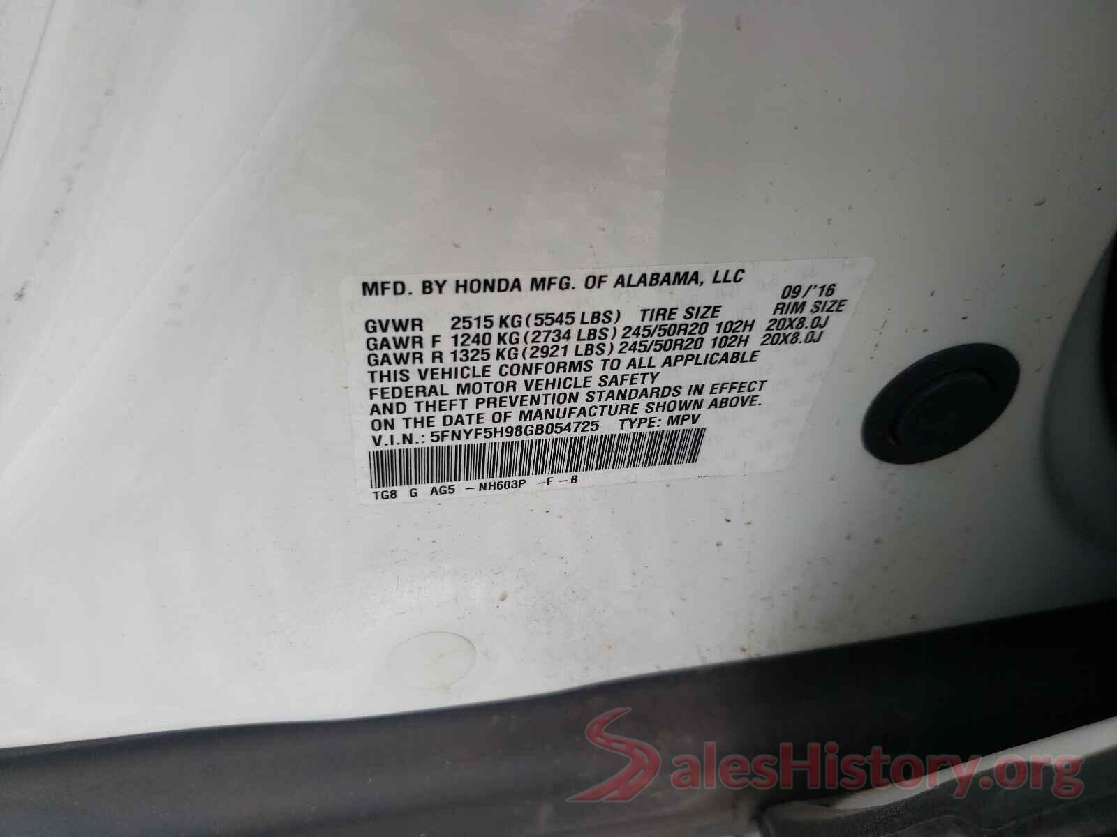 5FNYF5H98GB054725 2016 HONDA PILOT