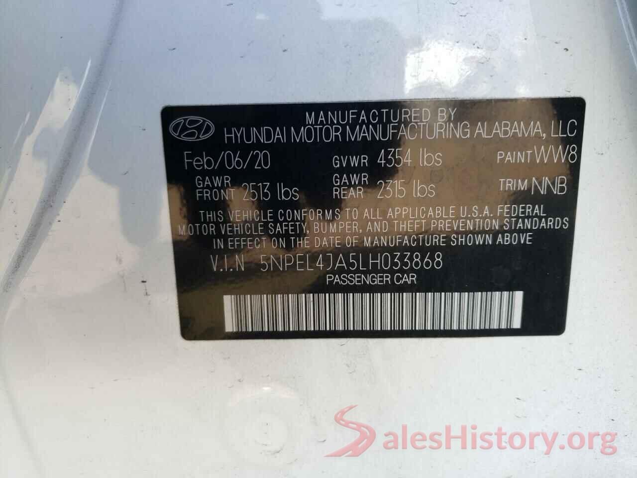 5NPEL4JA5LH033868 2020 HYUNDAI SONATA