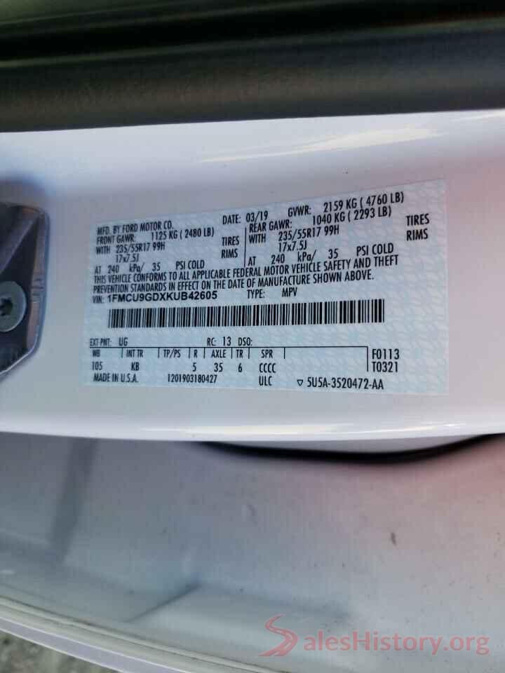 1FMCU9GDXKUB42605 2019 FORD ESCAPE