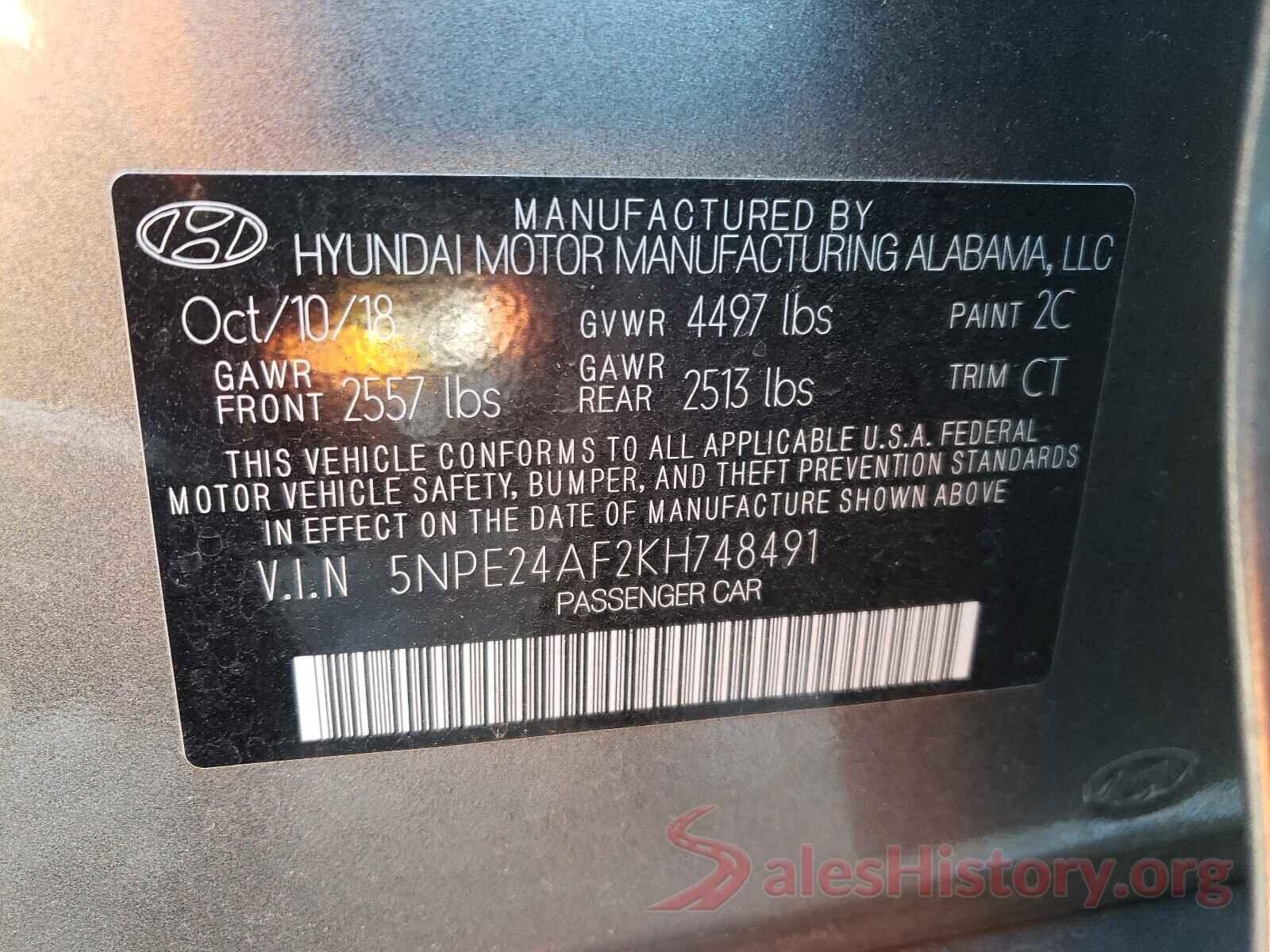 5NPE24AF2KH748491 2019 HYUNDAI SONATA