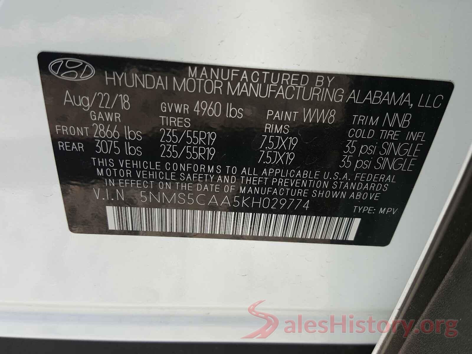 5NMS5CAA5KH029774 2019 HYUNDAI SANTA FE