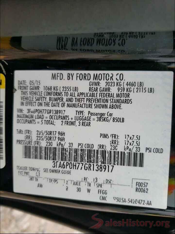 3FA6P0H77GR138917 2016 FORD FUSION