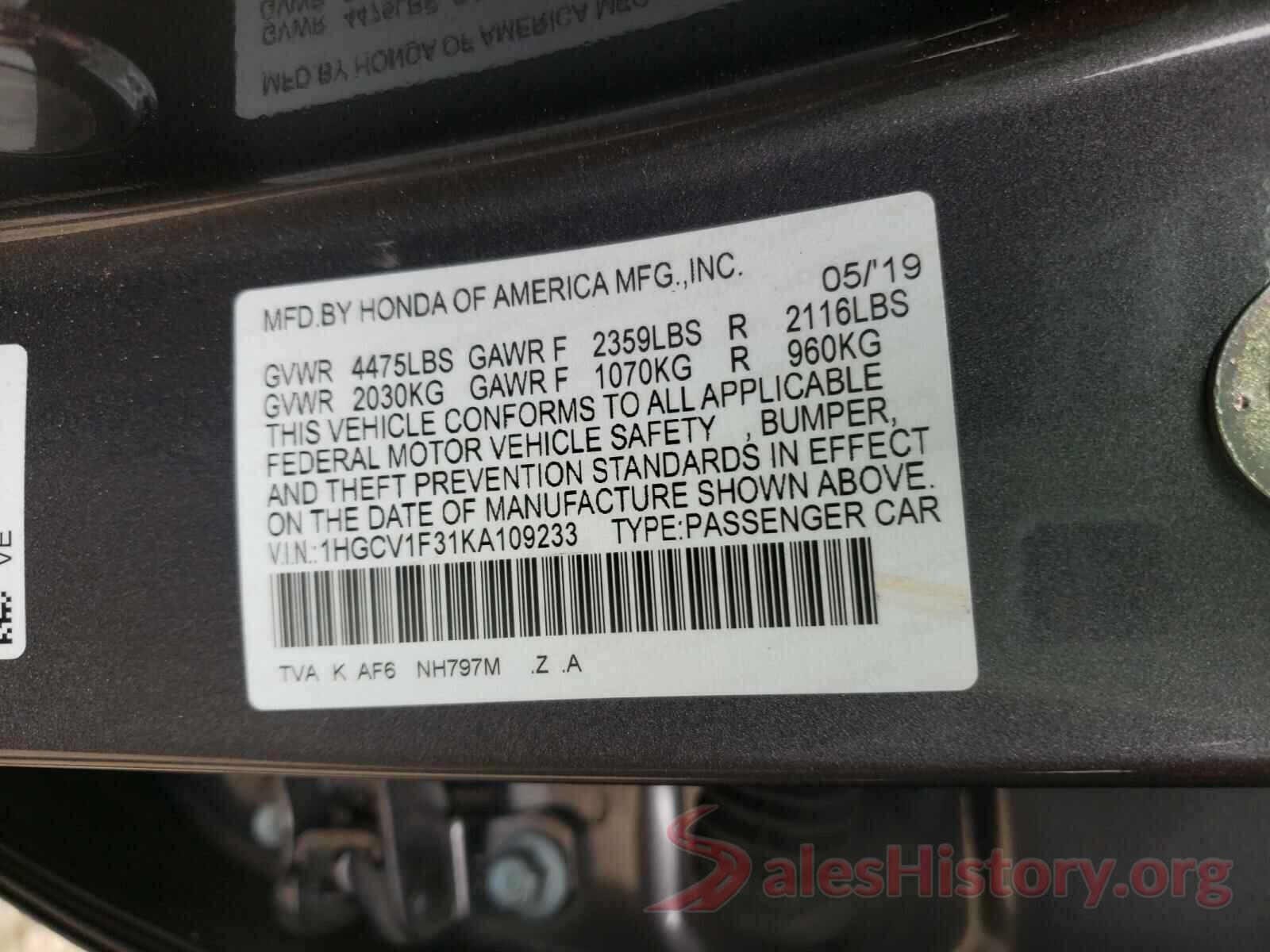 1HGCV1F31KA109233 2019 HONDA ACCORD