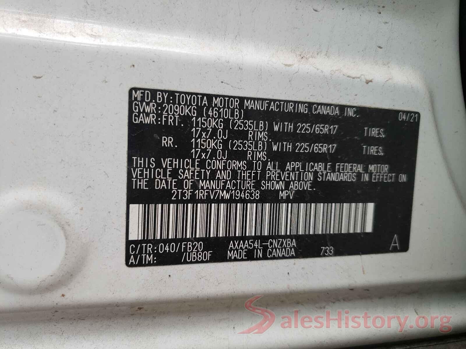 2T3F1RFV7MW194638 2021 TOYOTA RAV4