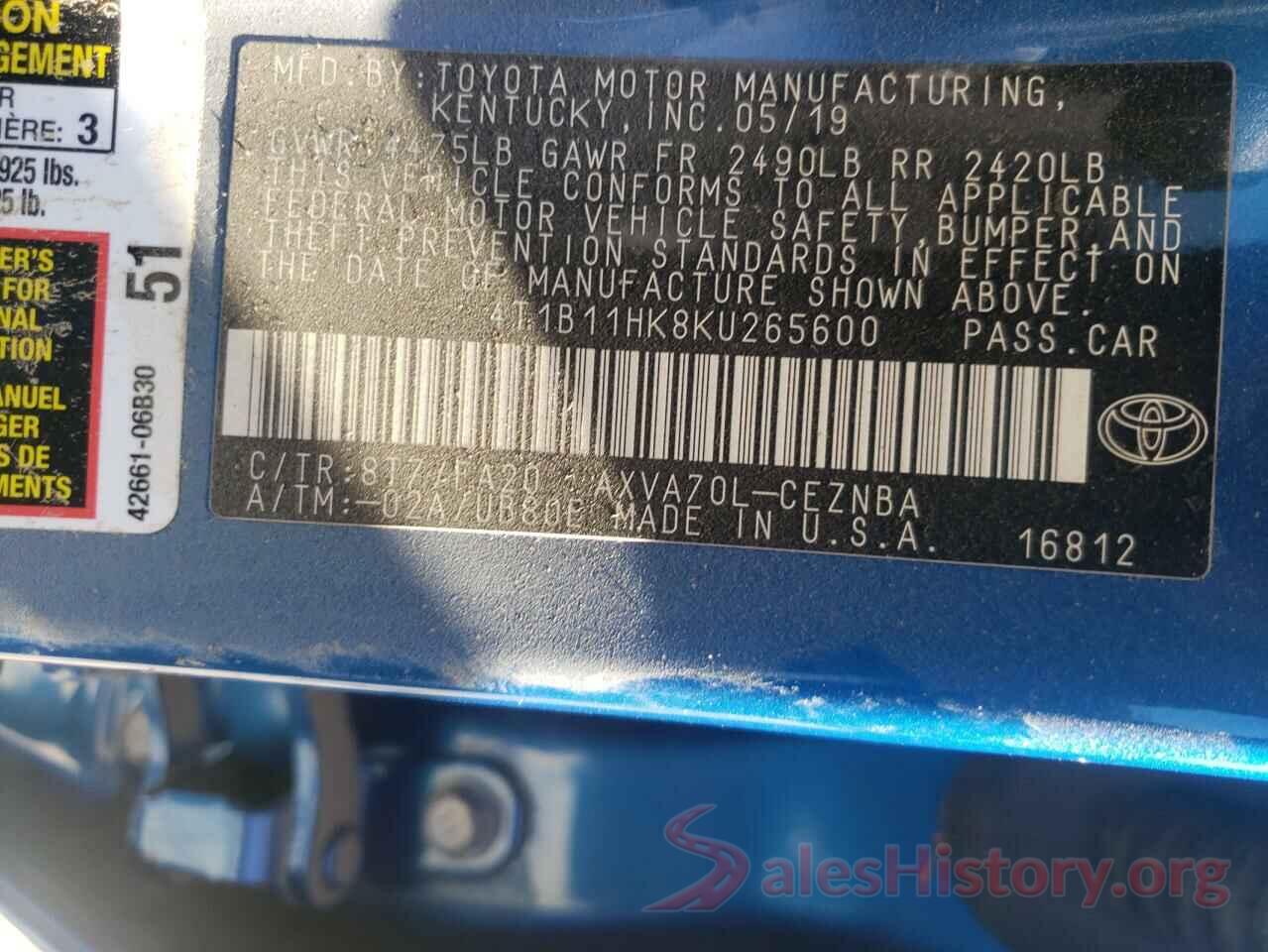 4T1B11HK8KU265600 2019 TOYOTA CAMRY